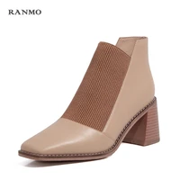 fashion comfortable genuine leather womens ankle boots elegant square toe thick heels pumps party casual shoes woman 2020 new