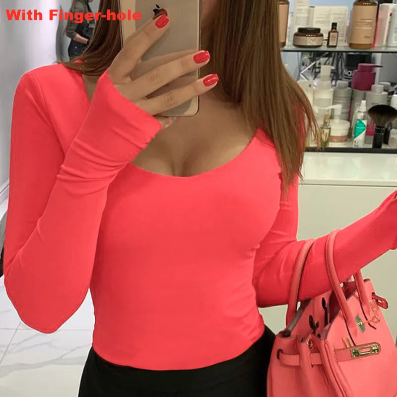 Pink(Finger-hole ) Saimishi Весна Осень Модные Женские однотонные обтягивающие боди с длинным рукавом с высоким воротом реглан рукав стрейч боди костюм комбинезоны - Цвет: Pink(Finger-hole )