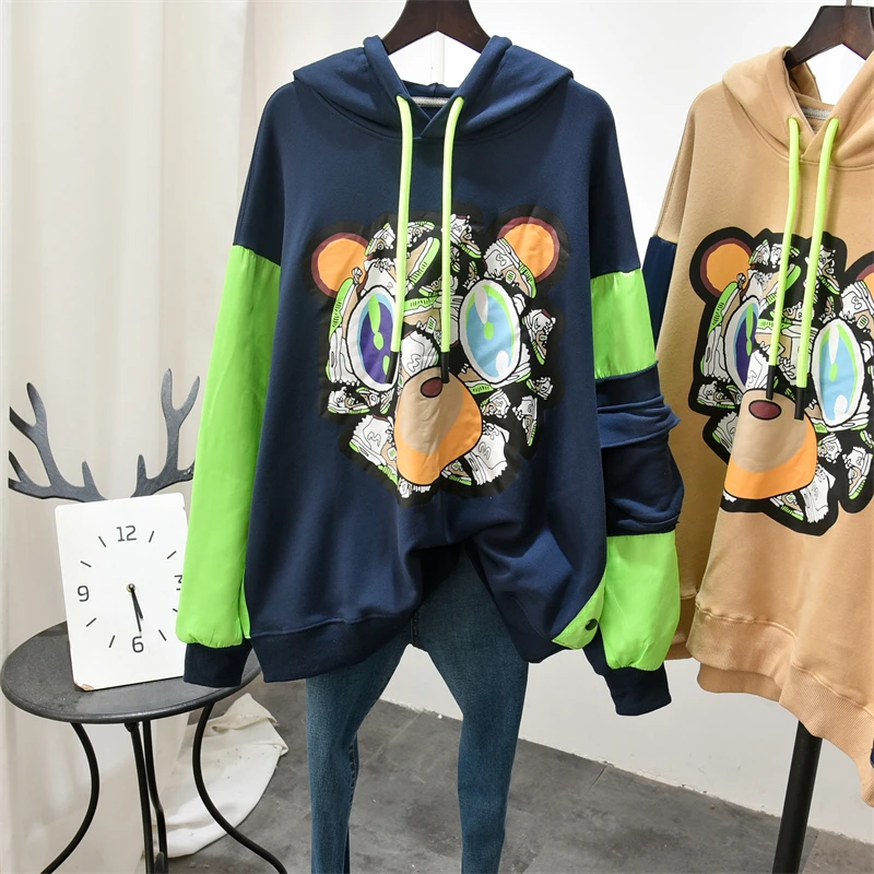 

Western Style BF Style Hooded Cartoon Printed Bear Sweatshirt Women Spring Autumn Pure Cotton Round Neck Oversized Hoodies Coat