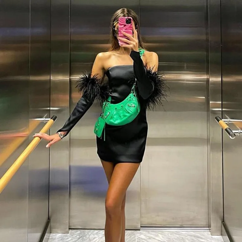 

Sexy Tube Top Dress For Women Feather Sleeve Off Shoulder Solid Color Short Dress Half Sleeve Tight Dress Party Spring