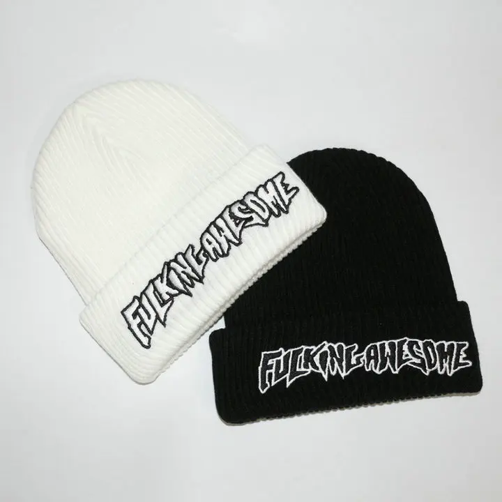Fxxking Awesome Beanie Winter Hats For Women Ladies Men Acrylic Cap Billie Eilish Bonnet Autumn Knitted Hip hop Embroidery Skull
