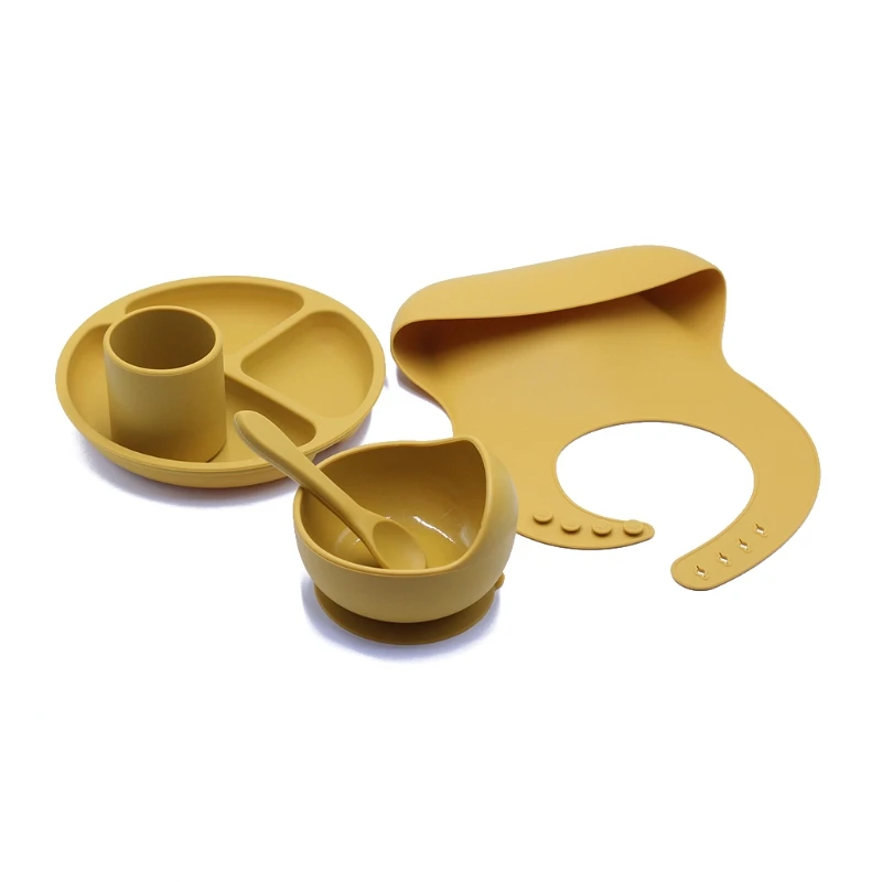 

5pcs Baby Plate Spoon Feeding Food Tableware Set Feeding Bibs Bowl Food Grade Silicone Non-slip Bowl BPA Free Silicone Cup