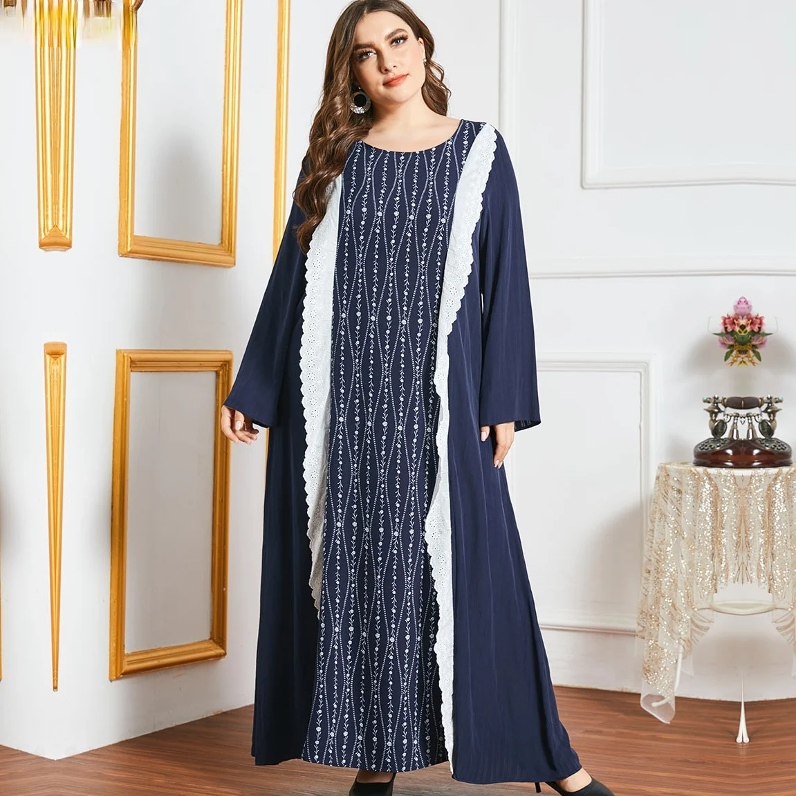 2021 мусульманское женское платье большого размера с круглым вырезом и длинными рукавами, модное цветное мозаичное мусульманское Повседневн...