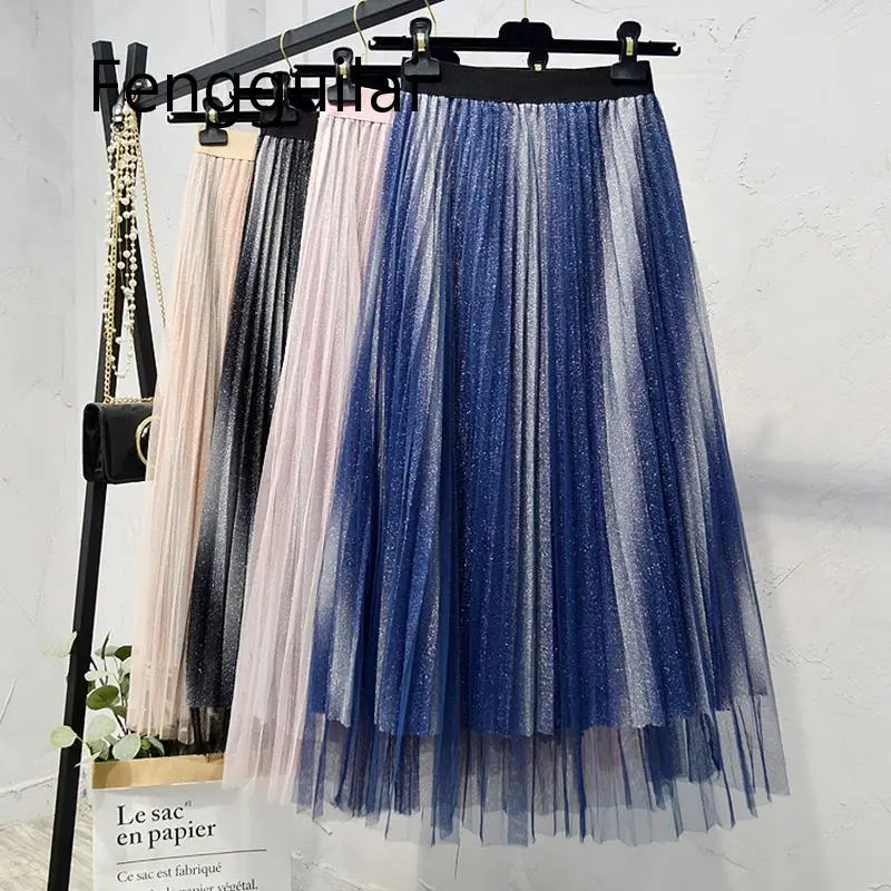 

Юбка женская сетчатая средней длины, модная плиссированная юбка-трапеция из тюля с градиентом, с эластичным завышенным поясом, до середины ...