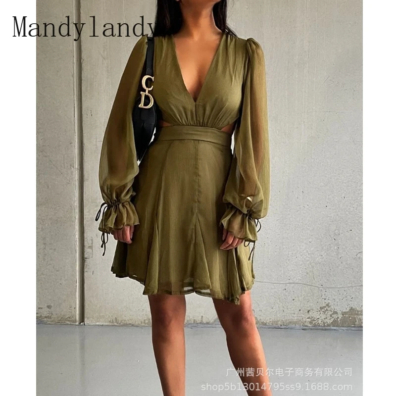 

Mandylandy, Осеннее сексуальное платье с рукавами-фонариками и V-образным вырезом, однотонное плиссированное платье, женское повседневное облег...