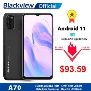 Blackview A70 Android 11 Smartphone 6.517 Inch Display Octa Core 3GB RAM+32GB ROM 5380mAh 13MP Rear Camera 4G Mobile Phone