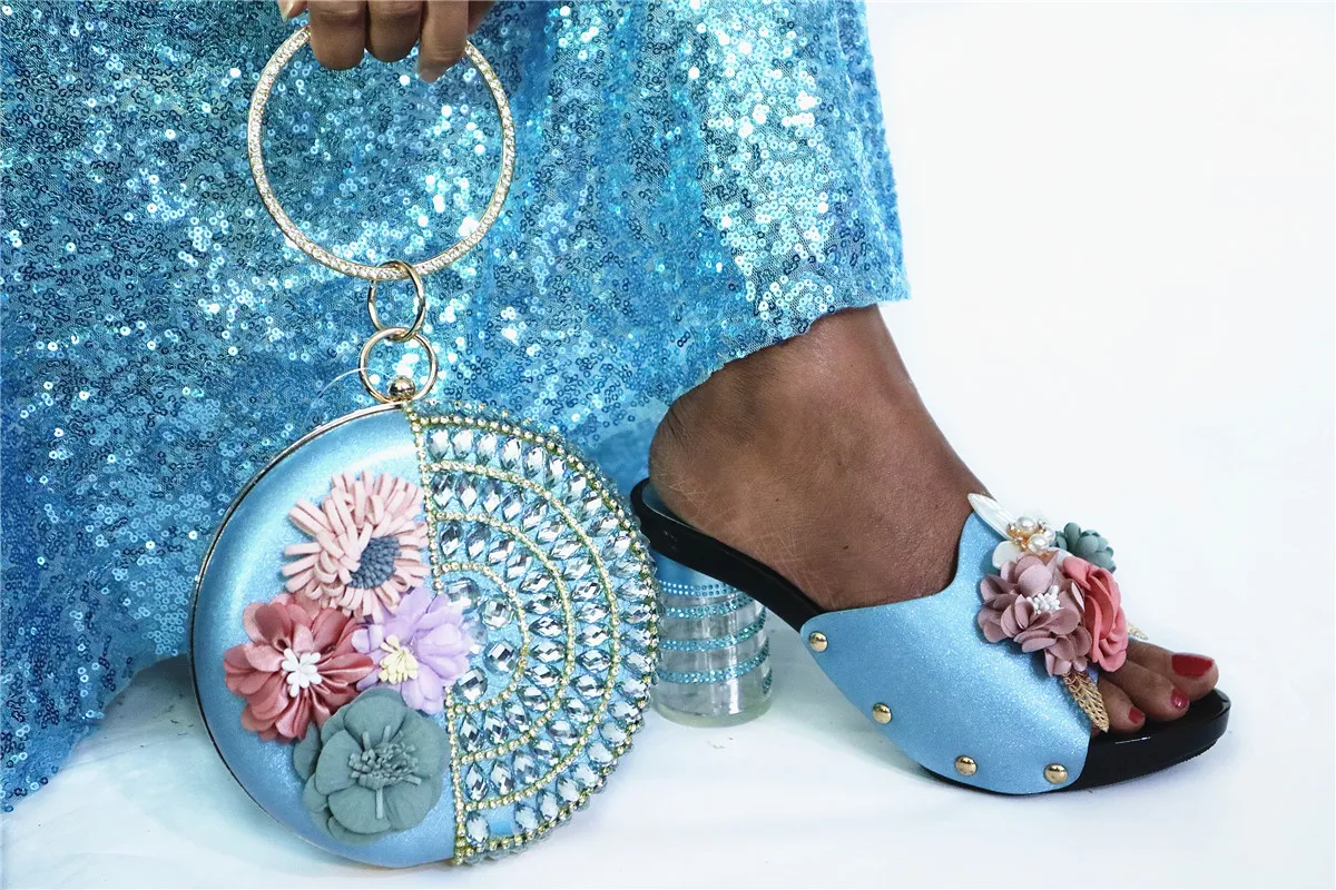 

Popular Sky Blue Wedding/Party Lady High Heel Sandal Shoes And Clutch Handbag Set With Flower G85 Heel Height 7.5CM