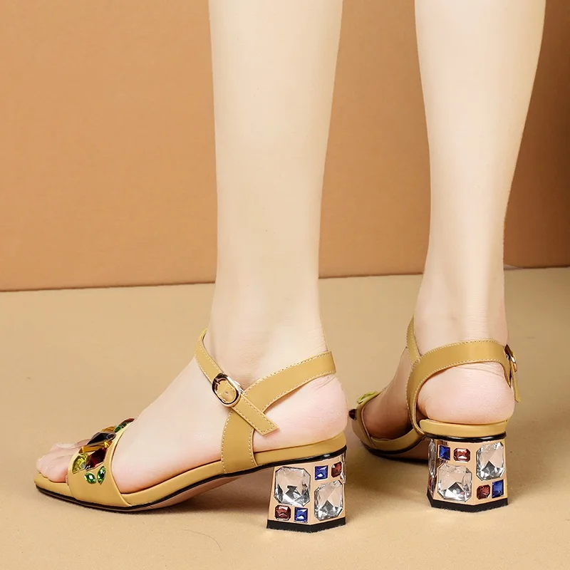 

Sexy High Heels Sandals Women Beading Crystal Floral Gladiator Sandals Genuine Leather Elegant Buckle Strap Heel Summer Shoes 43