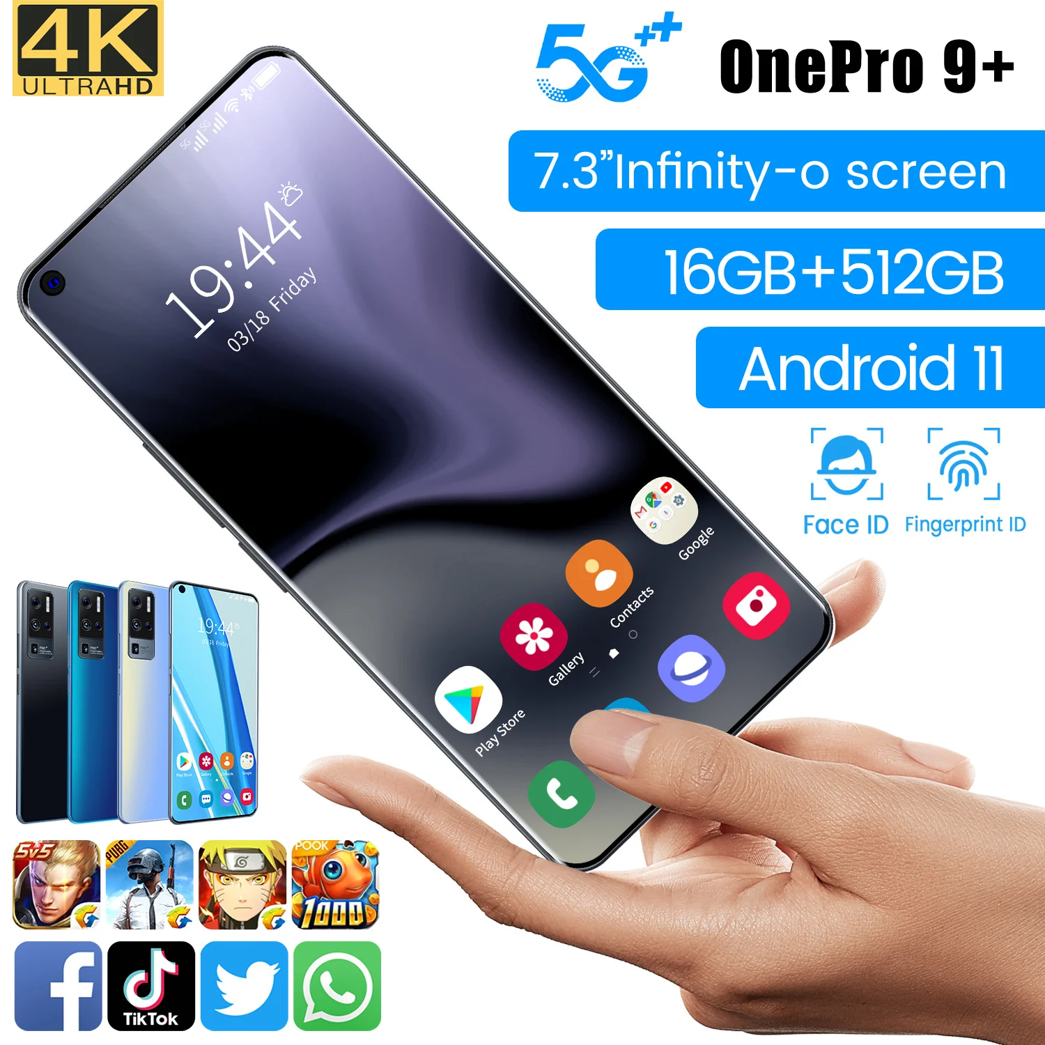 

5G Smartphone OnePro 9+ 7.3 Inc Screen MT6893 Processor 10-core 6800mAh 16GB+512GB 32MP+64MP Android 11 Network 4G Mobile Phone
