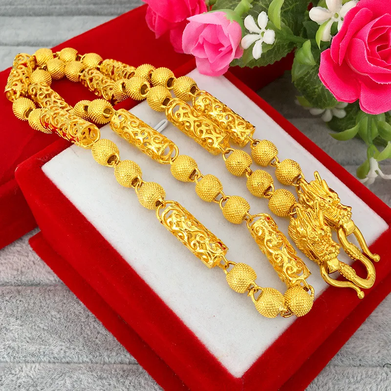 

Weight Heavy ! Hot 60cm Transport Bead 24k Dragon Real Yellow Solid Gold plated Men's Necklace Hollow out Chain 8mm Jewelry