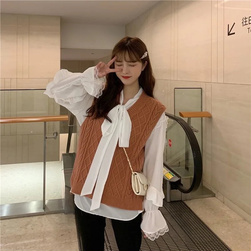 

Summer Elegant Lace Up Bow Collar Solid Blouse Women Lace Patchwork Tops Flare Long Sleeve Loose Blusas Shirt 2021 Autumn 14697