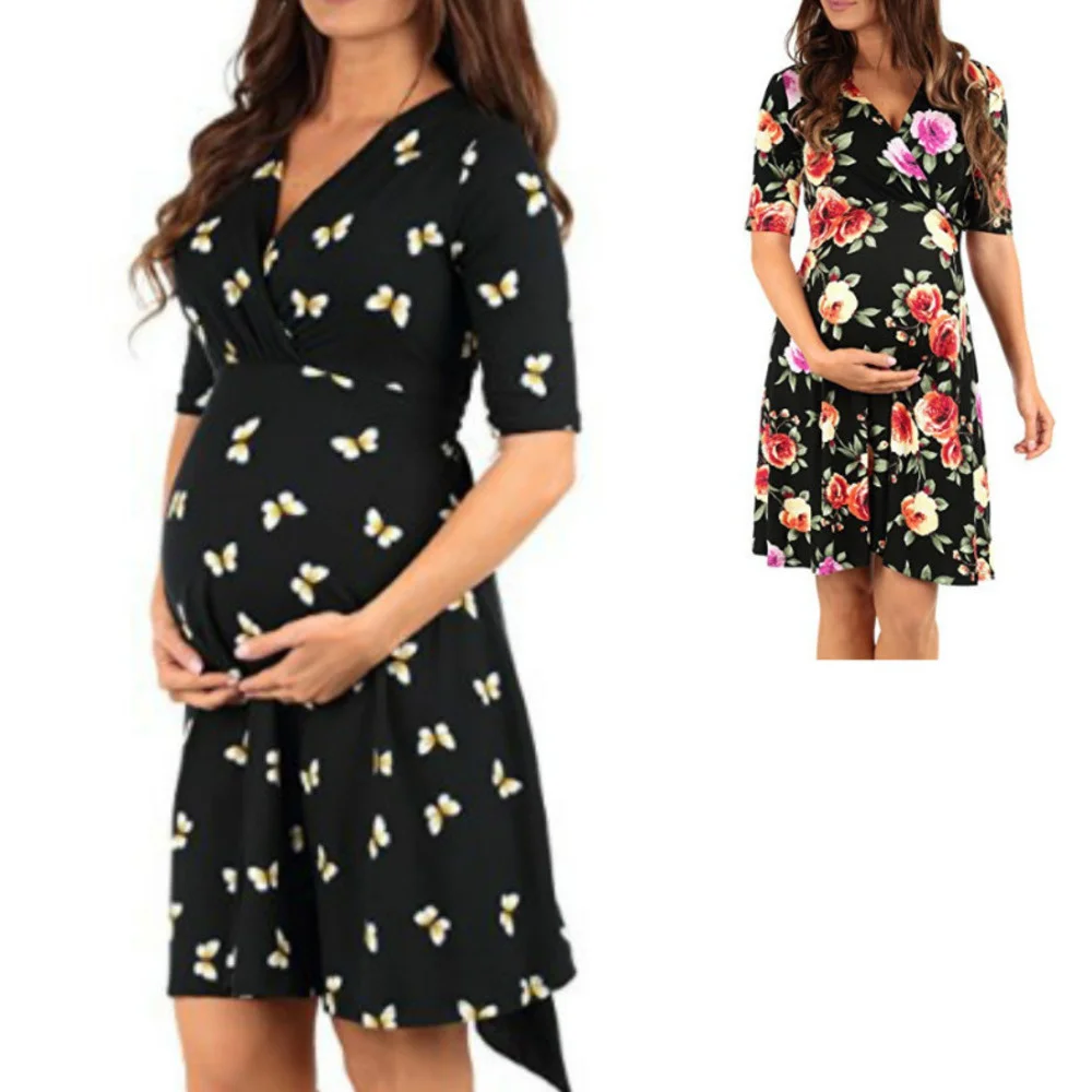 Women High-Low Surplice Wrap With Waist Belt Maternity Dress Adjustable V Neck Nursing Breastfeeding Pregnant Clothes | Мать и ребенок