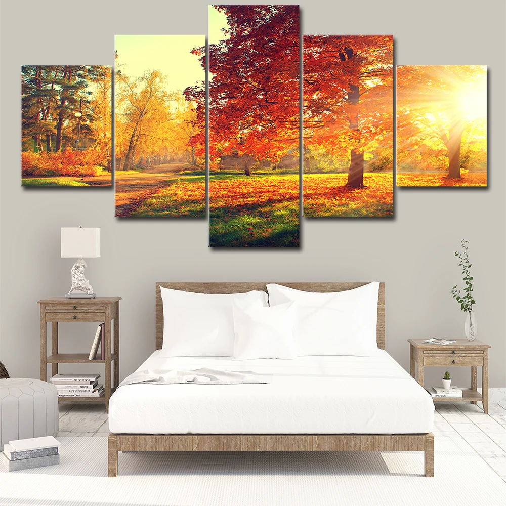 

Canvas Painting Modern 5 Pieces/Pcs Sunset Landscape Art Autumn Scenery Live Wall HD Decoration Modular Forest Picture Poster