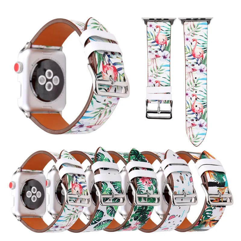 С цветочным принтом Кожаные Ремешки для наручных часов Apple Watch, версии 5/4/3/2/1 браслет полосы 44 мм 40 мм, 42 мм, 38 мм, версия для наручных часов iWatch, 4 аксессуары
