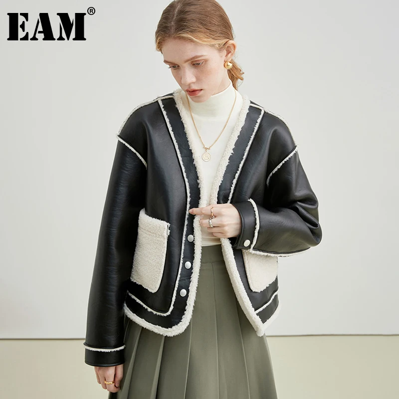 

[EAM] Свободная черная Толстая куртка из овечьей кожи большого размера, Новое Женское пальто с длинным рукавом, модное весенне-осеннее 2021 1DE4027