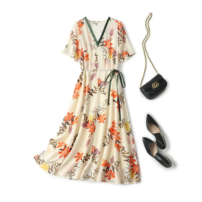 

Женское платье большого бренда из шелка тутового шелкопряда, Новинка лета 2021, платье из 100% шелка крепдешина с V-образным вырезом и принтом