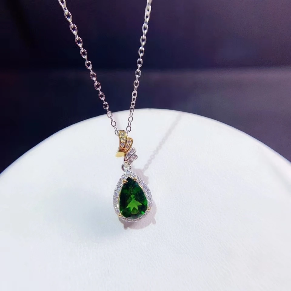 Water Drop Green Diopside Gemstone Pendant for Necklace Women Fine Jewelry Natural Gem Real 925 Silver Gold Plated High-end Gift
