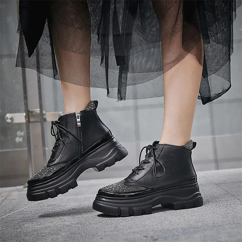 FEDONAS Winter Basic Women Ankle Boots Rhinestone Casual Platform Shoes Woman Genuine Leather High Heeled Party Short Boots
