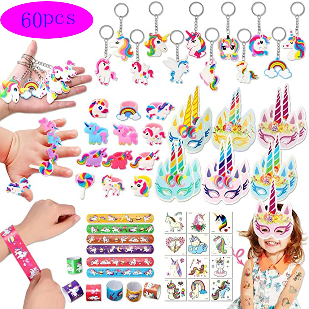 

60Pcs/lot Unicorn Party Favors Supplies Bracelets Mask Rings Keychains Tattoos, Unicorn Gifts Toys Birthday Party Goodie Fillers