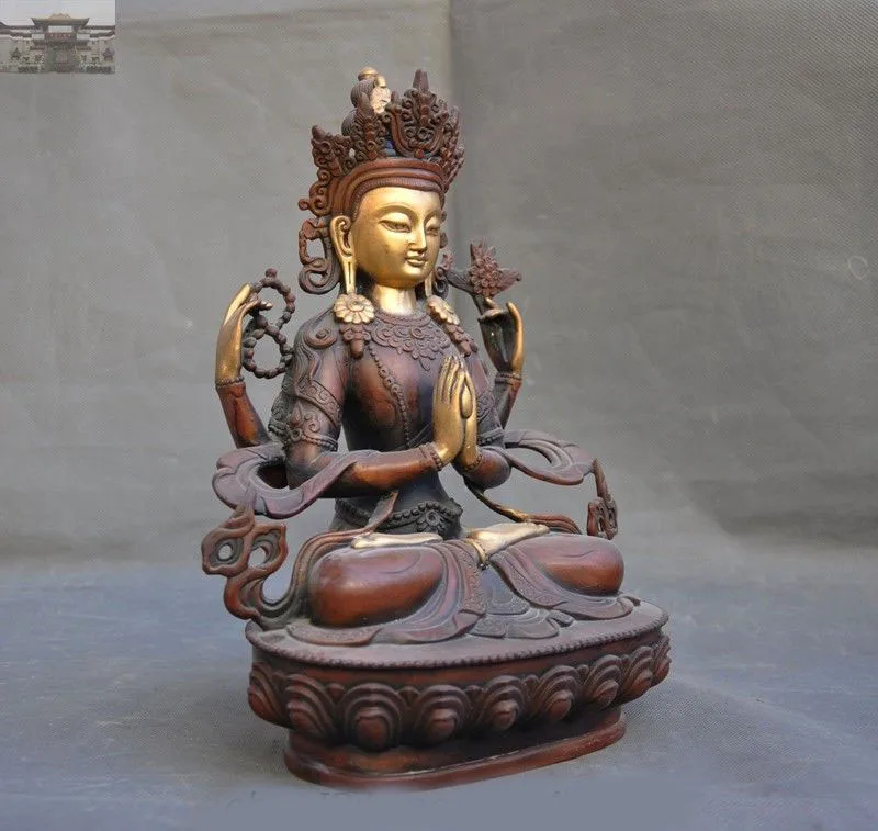 

Christmas Old Tibet Buddhism Bronze gilt 24K Gold 4 arms chenrezig Kwan-yin Buddha Statue New Year