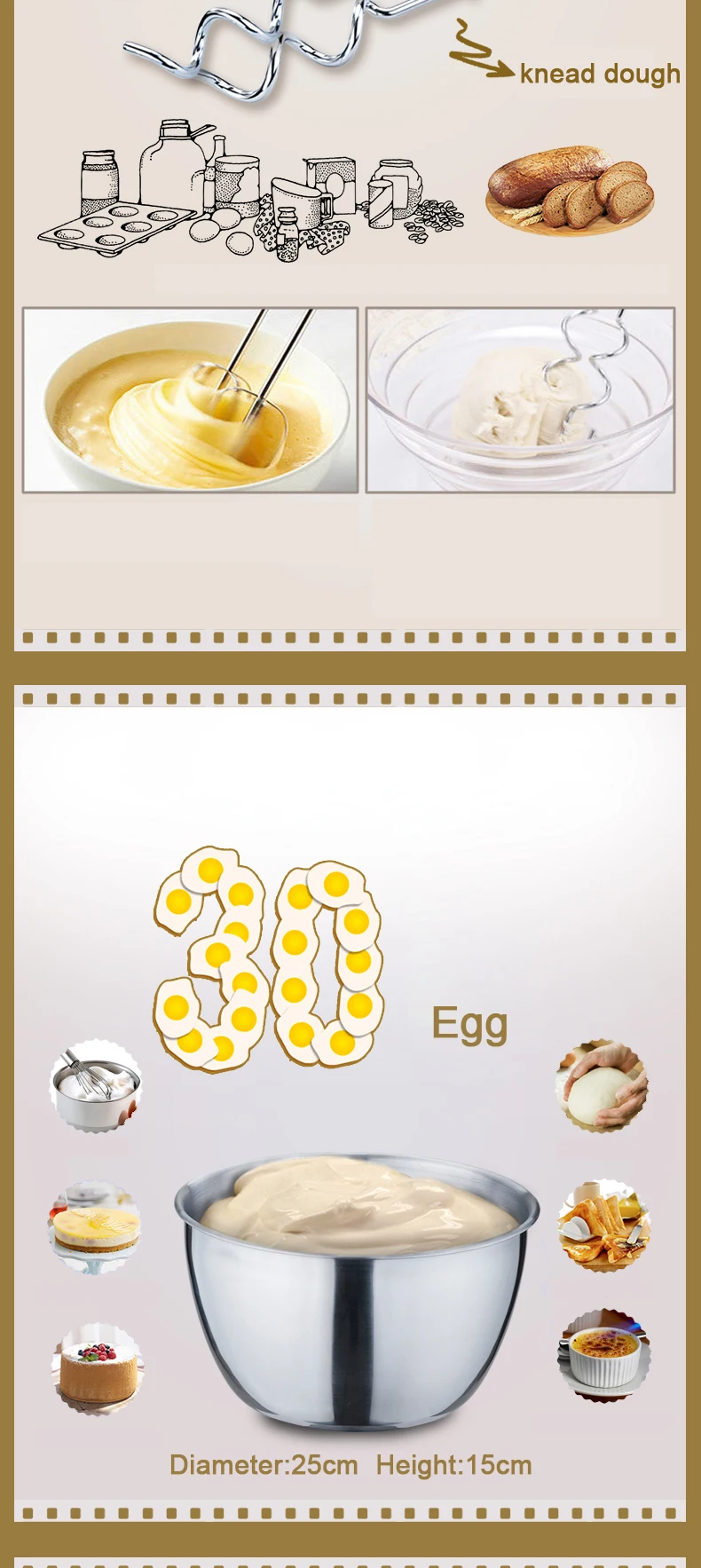 JIQI 4L Stainless Steel Bowl Electric Stand Food Mixer Egg Beater Cream Blender Handheld Whisk Cake Bread Dough Kneading Machine