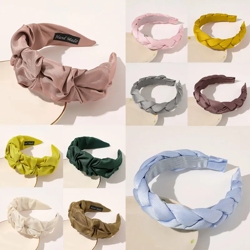 Однотонная женская повязка на голову модная атласная плетеная широкая