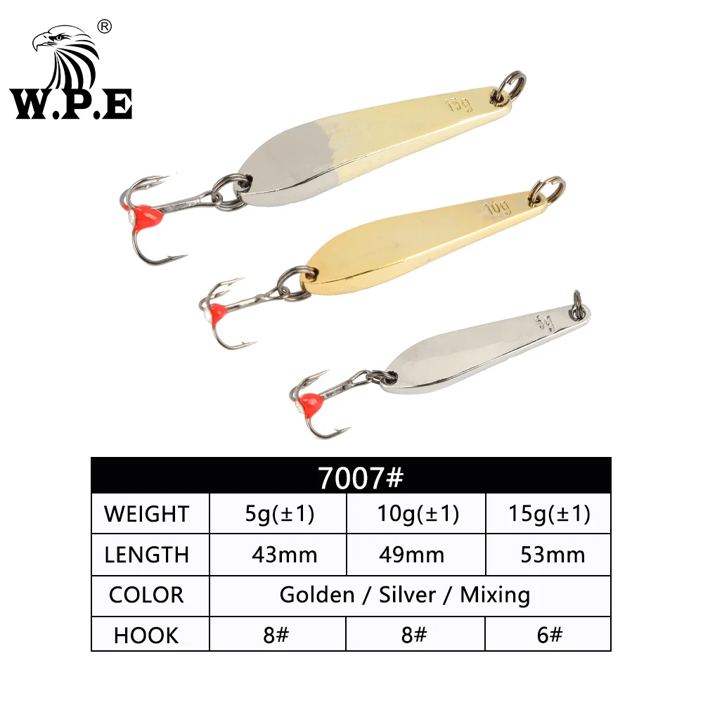 W.P.E Ice Fishing Lure 1pcs 5g/10g/15g/20g Hard Fishing Lure Treble Hook 8#/10#/12# Metal Spoon Lure Balancers Wobbler Pesca