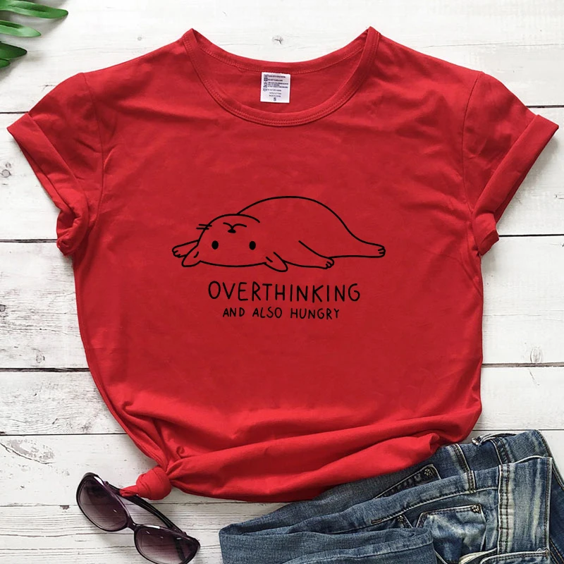 red-black text Overthinking и также голод принт с милой кошкой Футболка женская Tumblr с графикой для хипстеров повседневные футболки топы летние Harajuku Забавные футболки - Цвет: red-black text