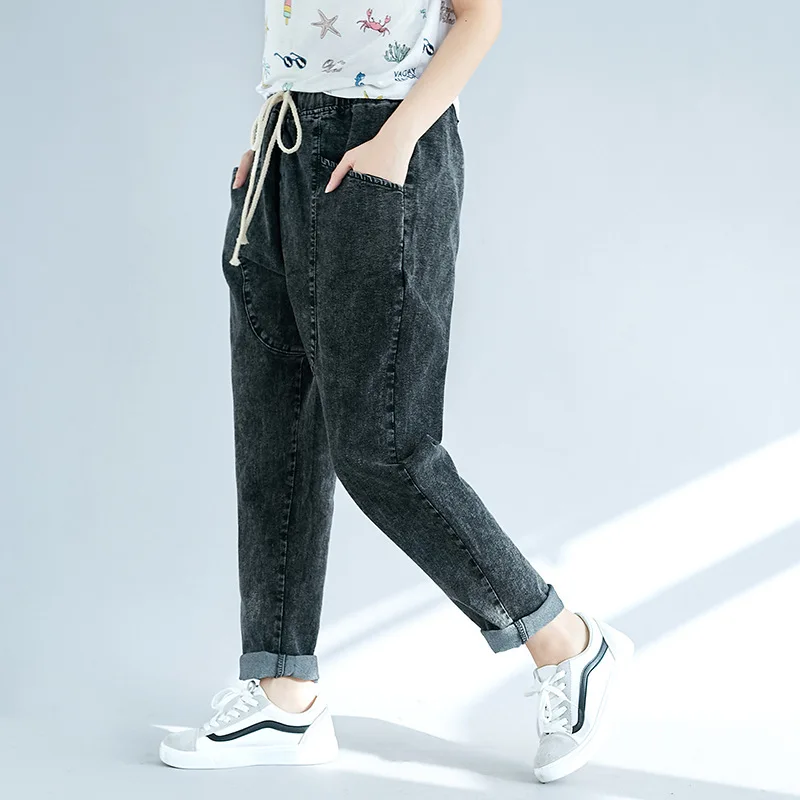 Новые женские джинсы с эластичной резинкой на талии и шнурком размера плюс
