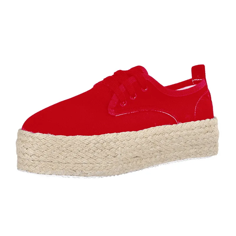 Puimentiua Fashion Women Ladies Espadrille Shoes Canvas Thick bottom Flats Shoes Girls Lace up Round Toe Casual Flats
