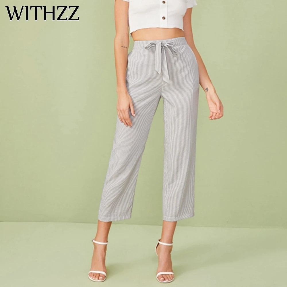 

WITHZZ Spring High Waist Bow Drawstring Striped Woman's Wide Leg Casual Pants