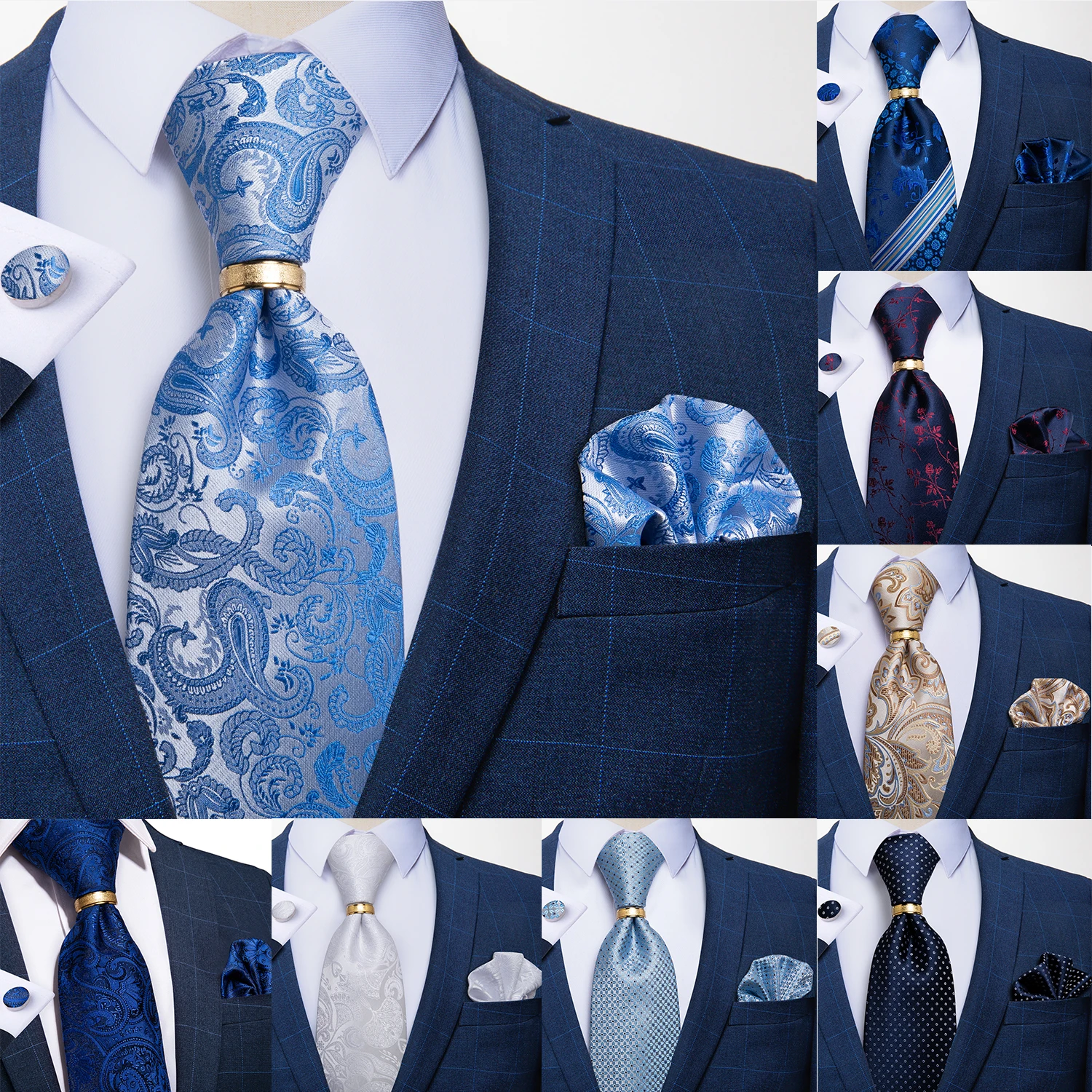 

DiBanGu Designer Men`s Tie 100% Silk Blue Floral Paisley Wedding Formal Business Jacquard Woven Necktie Hanky Cufflinks Ring Set