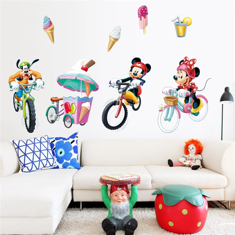 

cartoon mickey minnie goofy ride bicycle wall stickers bedroom home decorations disney wall decals pvc mural art diy posters