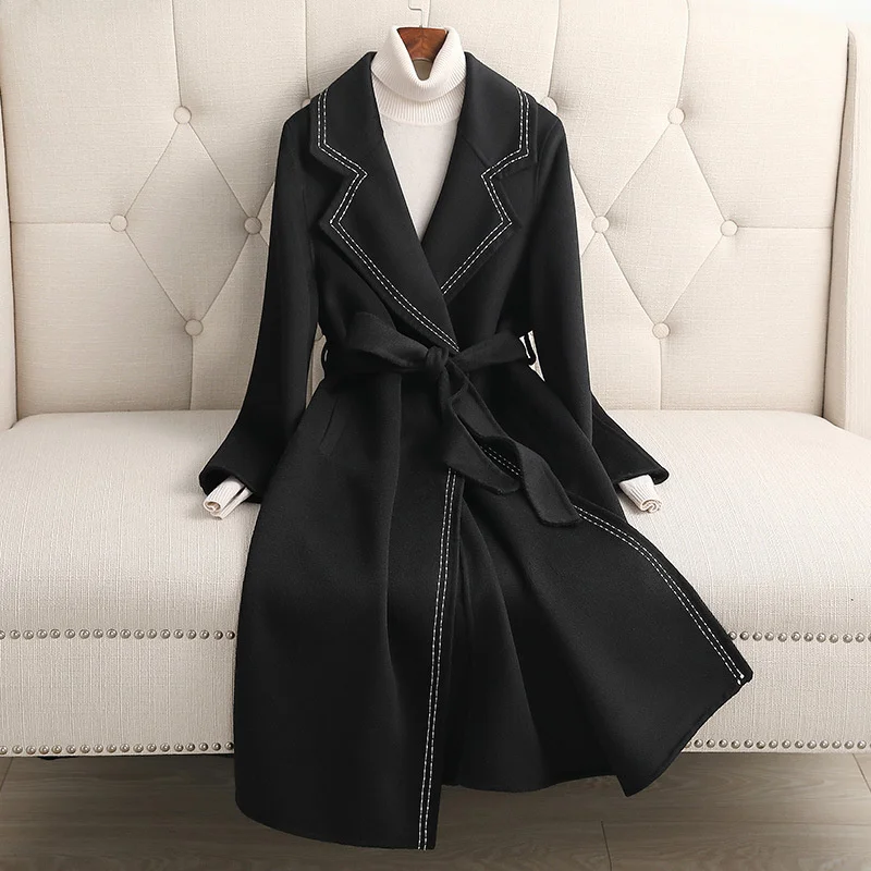 

Small fragrant wind double-sided cashmere coat women's middle and long 2021 new black Hepburn woolen fleece coat