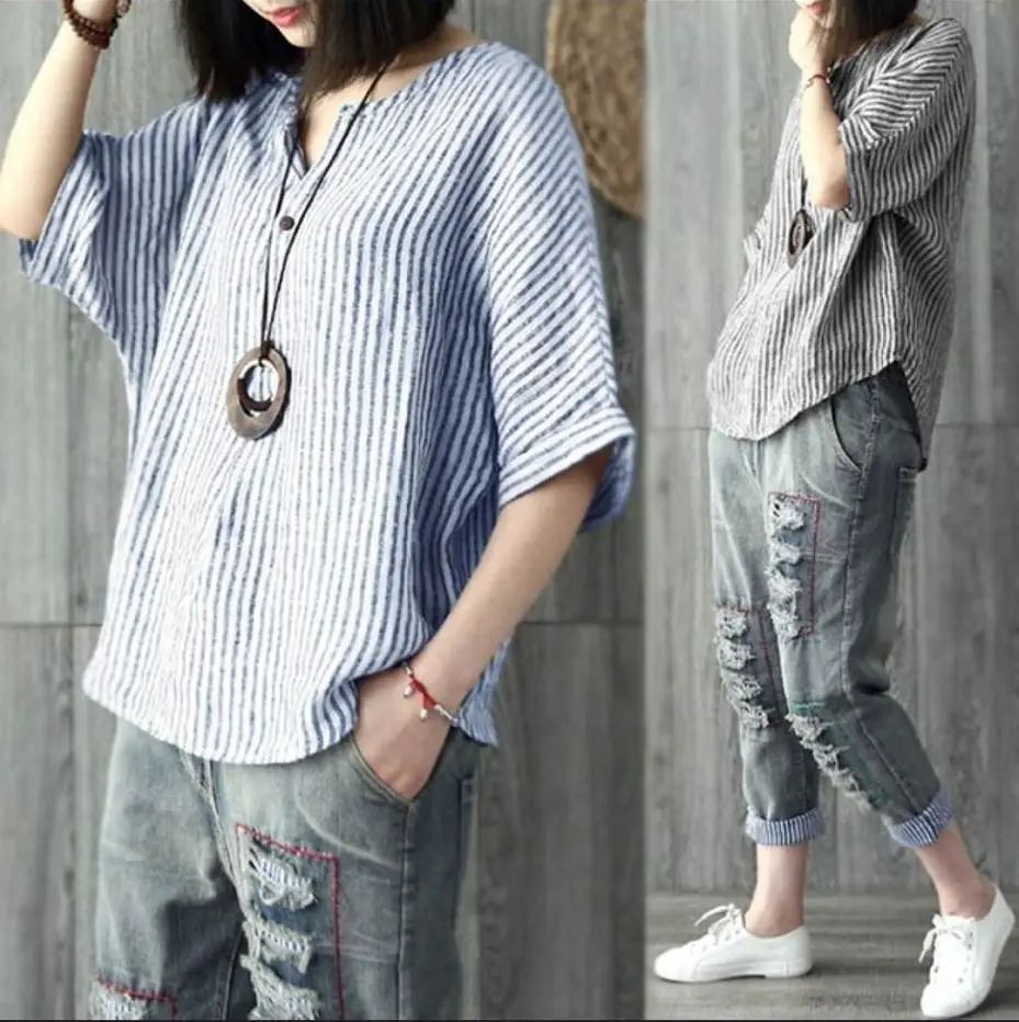 

New Women Casual Basic Summer Stripe Blouse Top Shirt Short sleeve Plus Size S~5XL