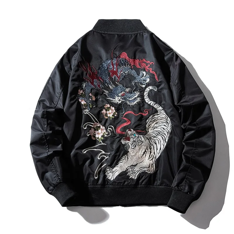 

Embroidery Mens Bomber Jacket Dragon Tiger Autumn Winter Pilot Jacket Men Hip Hop Japanese Baseball Youth Jacket Streetwear 2019