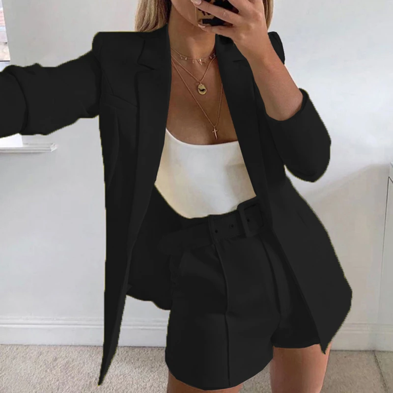 

Hot Sale 2021 New Women Sets Autumn Long Sleeve Cardigan Blazer Shorts Solid 2 Piece Set Lady Casual Short Suits