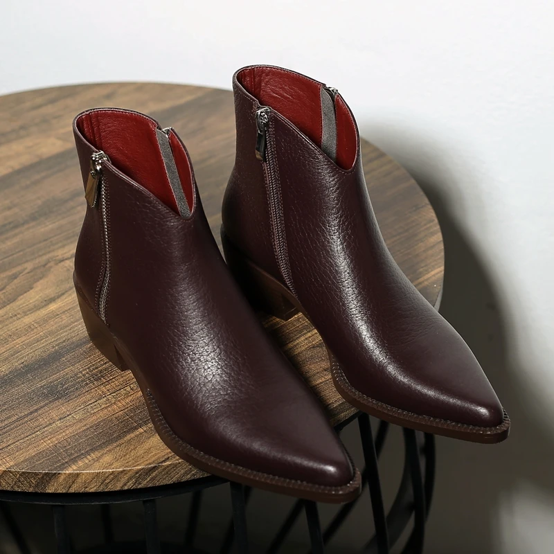 

Genuine Leather Ankle Boots for Women Top Quality Zipper Autumn Winter High Heels Lady Cow Leather Shoes Handmade Western Boots