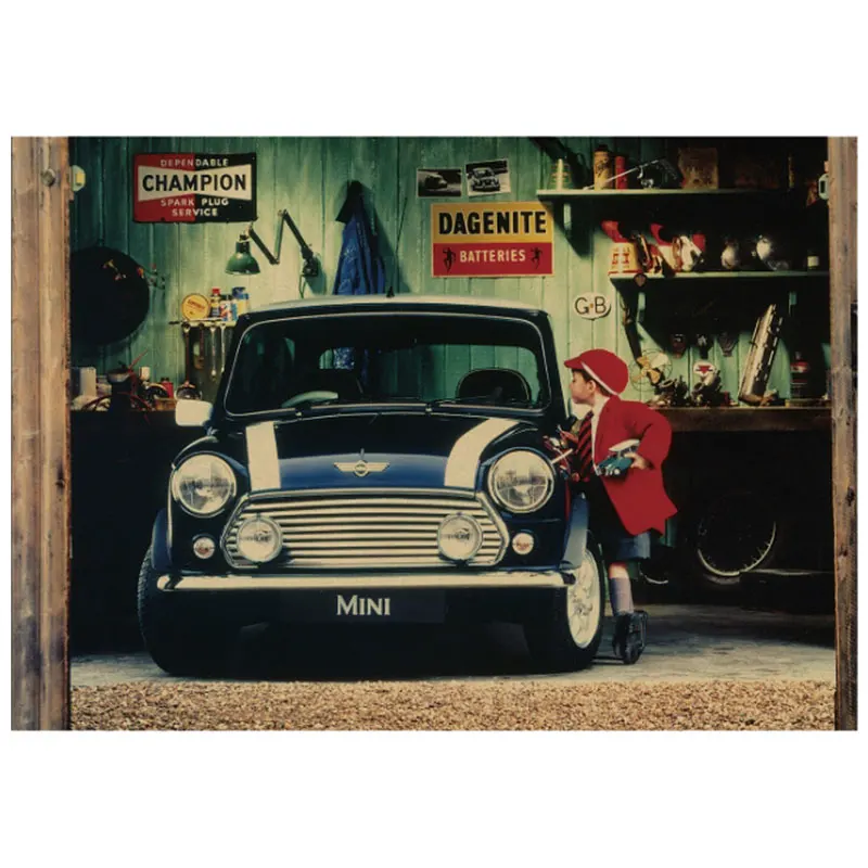 

Little boy and mini-car nostalgic poster pictorial retro kraft paper poster dormitory decoration painting core wall stickers