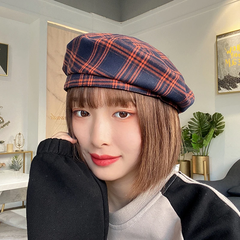 Foux Beret Hat Summer Women Plaid Striped Designer Painter Casquette Octagonal Baker Boy Retro Korean British style New Fashion |