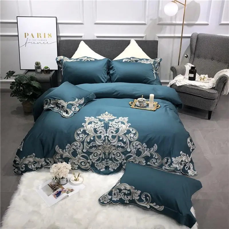 

42 100% Egyptian Cotton Tribute silk Luxury Bedding Set 4Pcs King Queen Size green Bed Sheet set Duvet cover Pillowcases
