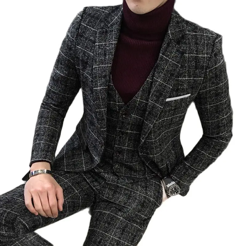 Осенне-зимний новый клетчатый костюм Terno из 3 предметов для мужчин