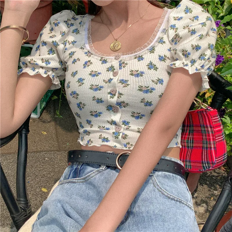 

Summer New Women's Fashion Floral Print Bubble Sleeve Lace Cardigan T-shirt Sweet Vintage Style Crop Top Buttons Streetwear