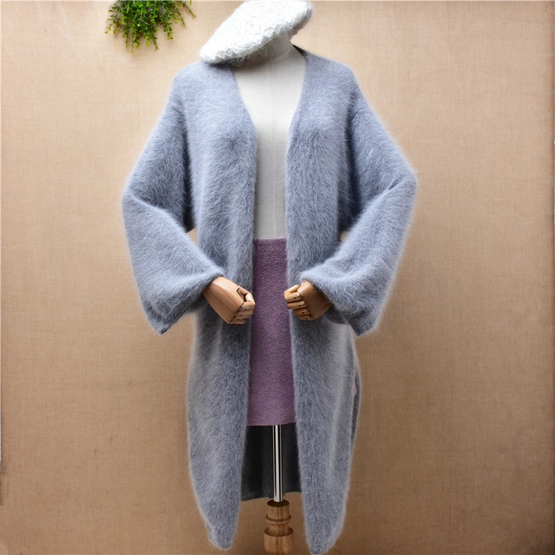 

Кардиганы женские из шерсти Ангорского Кролика, вязаные, с длинными рукавами-фонариками, свободные, куртка-мантия