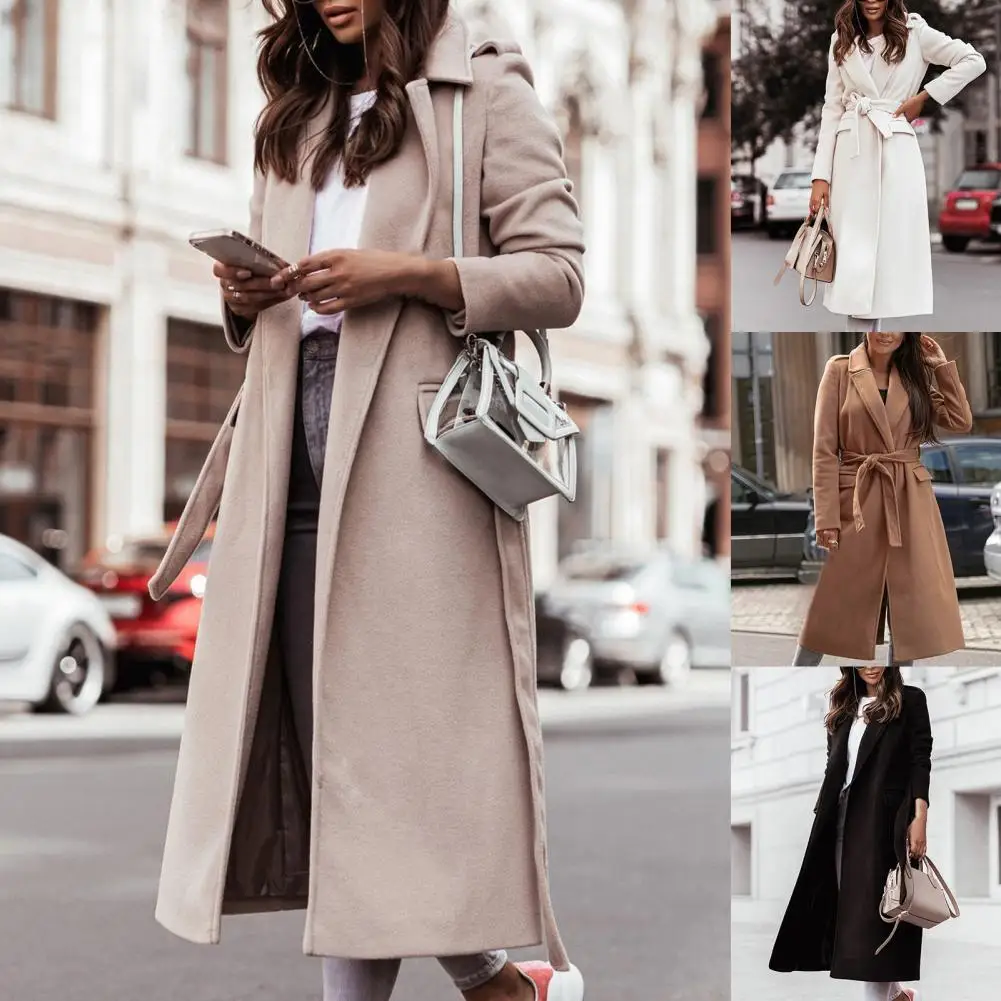 

Dropshipping Women Oversize Coat Solid Color Belt Autumn Winter Turndown Collar Split Hem Long Coat for Office