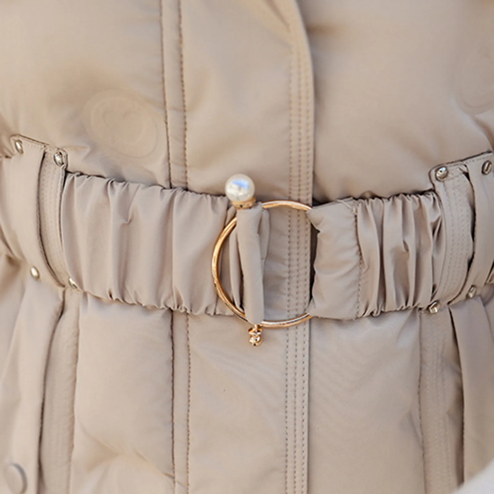 Hooded Women's Winter Down Parka Padded Jacket Slim Waist Belt Mid-Length Solid Color Coat Jacket Outdoor Warm Casual Parkas
