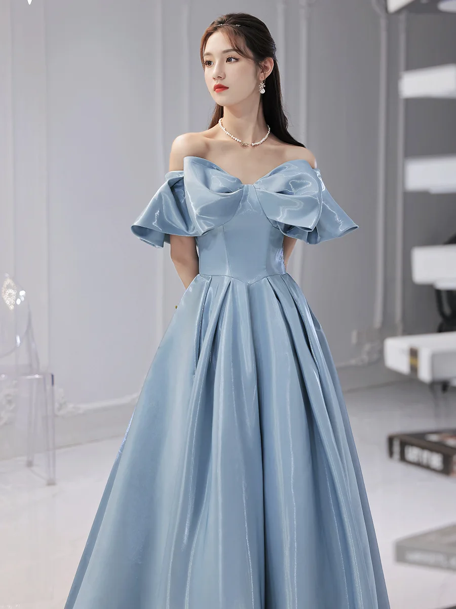 Women Luxury Light Blue Off-shoulder Prom Dresses Elegant Fairy Lacing Up Long A Line Evening Gown