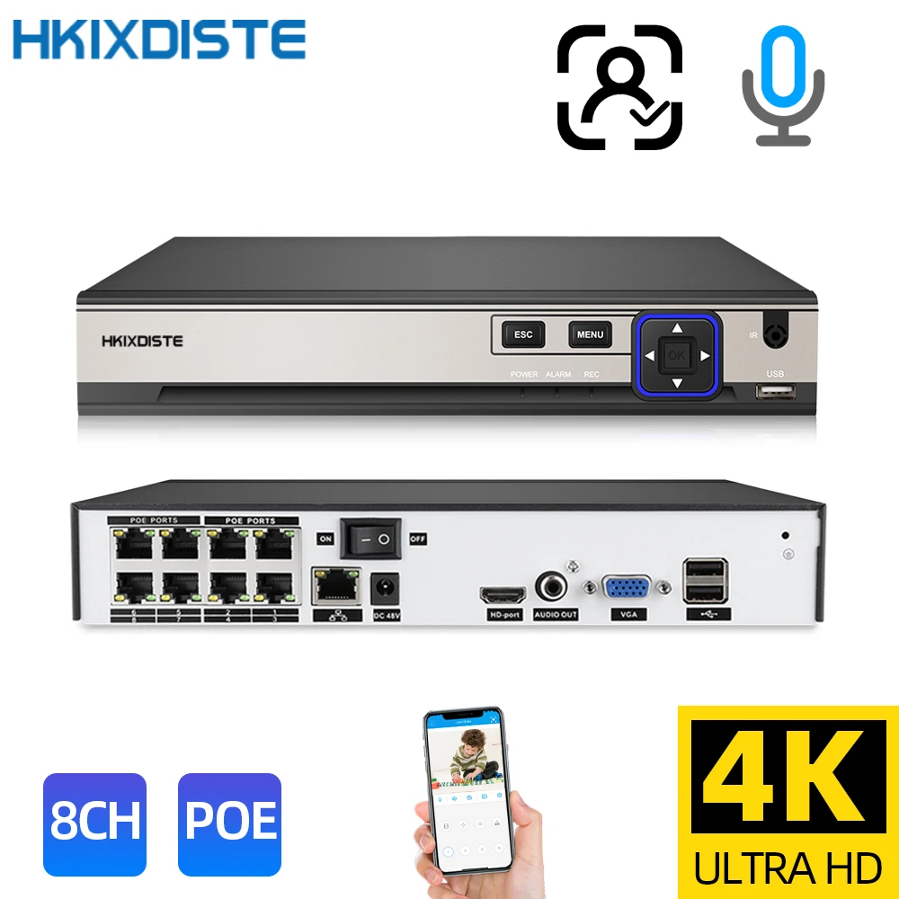 

HKIXDISTE XMeye 8CH 4K POE NVR Face Recognition H.265+ Network Video Recorder 24/7 Recording IP Camera P2P System