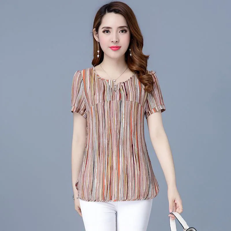 

2021 Women Spring Summer Style Chiffon Blouses Shirts Lady Casual Striped Yellow Green Short Sleeve Blusas Tops