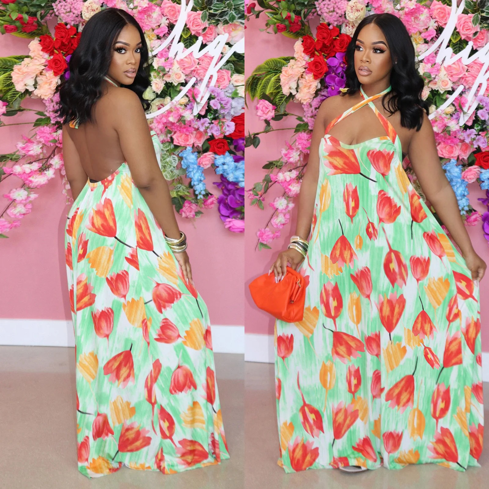 

С Лямкой на шее с круглым вырезом с цветочным принтом платье с низким вырезом на спине, без рукавов, сексуальные, с вырезом лодочкой, длина до...